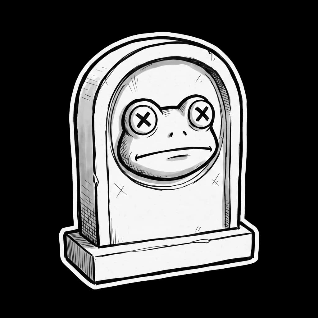 A hand-drawn gravestone with the Croaked frog head and X-shaped eyes