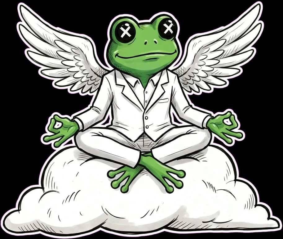 The Croaked frog, in a white suit and angel wings, meditating on a hand-drawn cloud